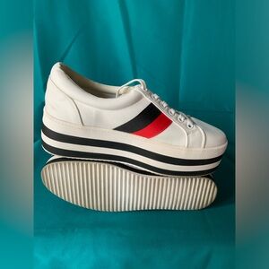 Weeboo, platform sneakers, WHITE WITH RED AND BLACK TRIM, size 8, EUC